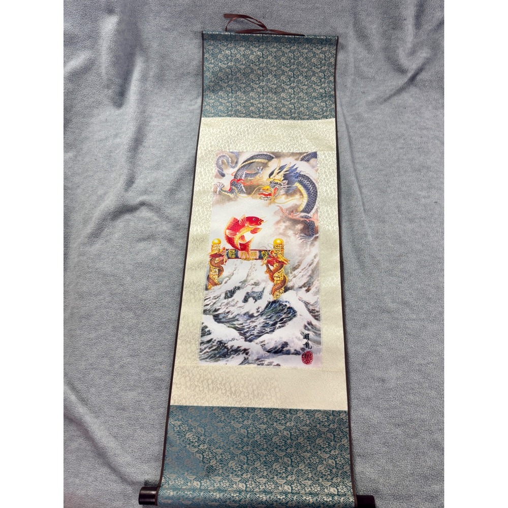 Chinese Wall Scroll Red Koi Fish Leaping Dragon Gate Silk Brocade Hanging Art